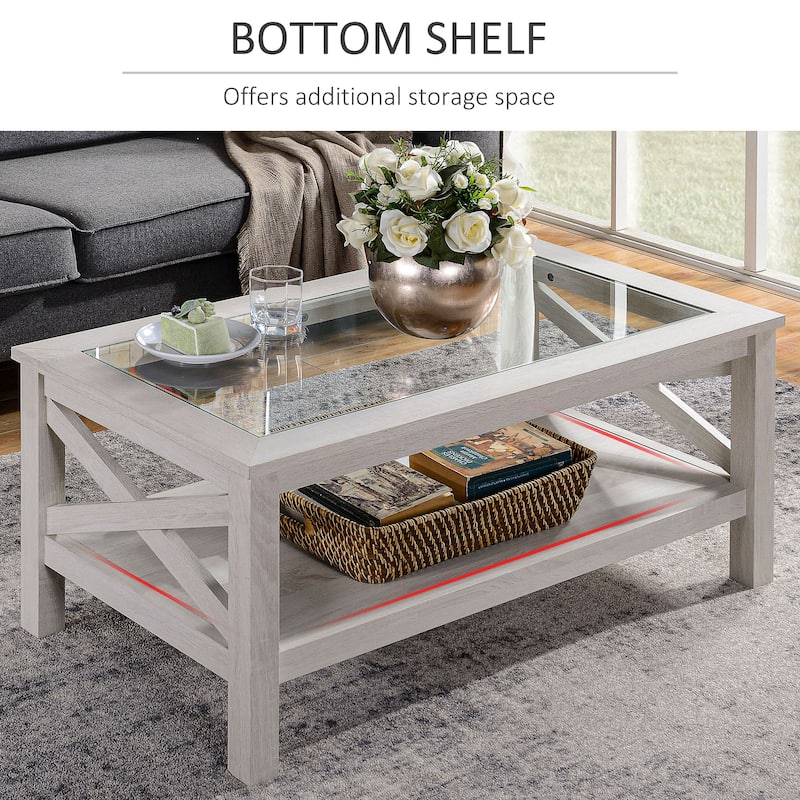 HOMCOM Traditional Coffee Table with Wood Frame, Tempered Glass Tabletop and Underneath Storage Shelf, White Oak
