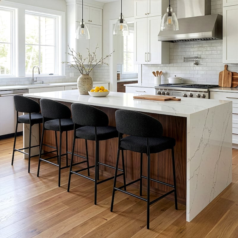 Set of 2 Bennett Black Boucle Upholstered Fabric Counter Stool with Black Iron Legs