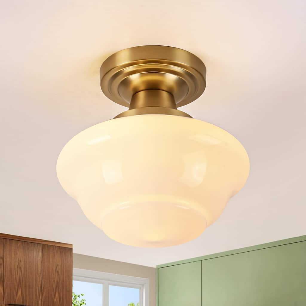 8.7" 1-Light Vintage Brass/Black Milk Glass Flush Mount Ceiling Light for Hallway