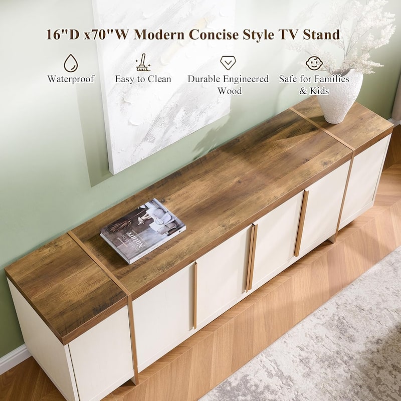 Modern 70" TV Stand, Entertainment Center, Handle-Free Hidden Design
