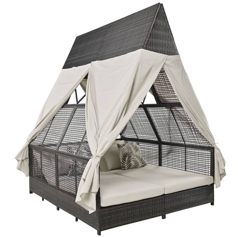 Outdoor Patio Rattan Daybed Sunbed with Triangle Tent, Adjustable Backrest, and Curtains