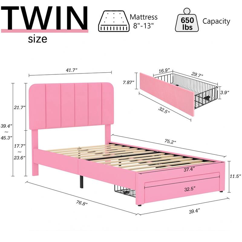 VECELO 2-Pack Kid Bed Frame Set Twin Size Platform Bed with Adjustable Upholstered Headboard Storage Drawer No Box Spring Needed