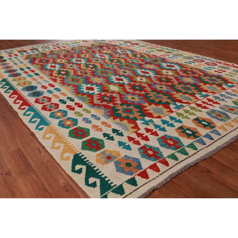 Hand Woven Oriental 100% Wool Carpet Southwestern Geometric Multi-Colored Kilim Area Rug - 8' 4'' X 6' 4''