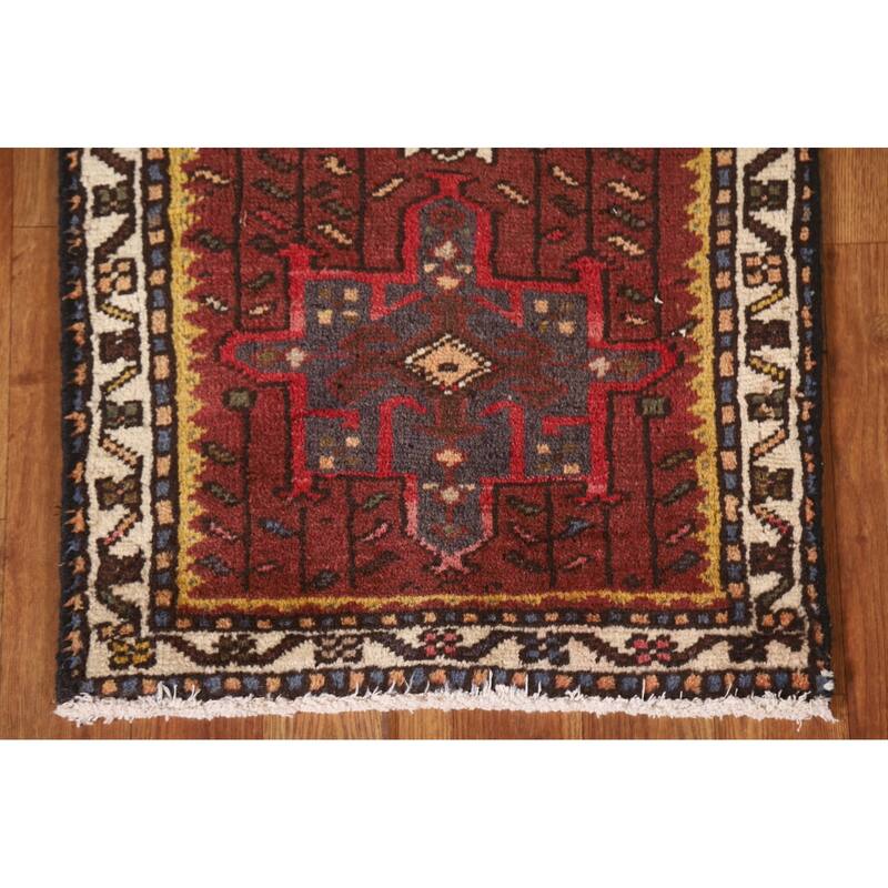Red Gharajeh Persian Vintage Runner Rug Handmade Wool Carpet - 1'11"x 4'11"