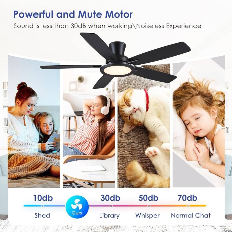 52 Inch Flush Mount Low Profile Ceiling Fan with Light,Remote and App Control