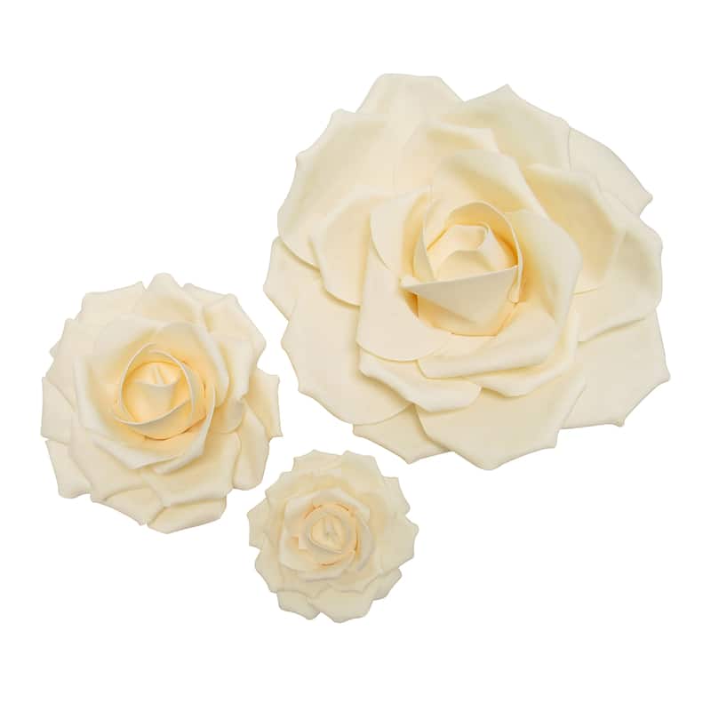 Set of 3 Large Foam Rose Flower Wall Decor Backdrop Art Crafts - 16" / 10" / 6" D - Nude Beige