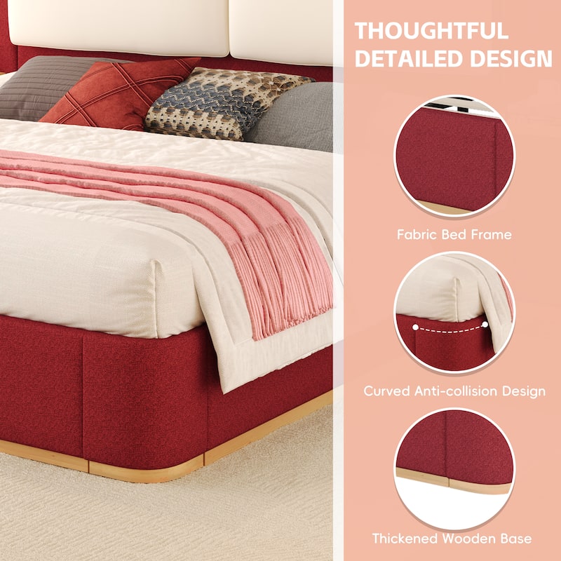 Roomfitters Queen Size Upholstered Platform Bed Frame, Modern Panel Headboard with Rounded Corners, Solid Wood Slats