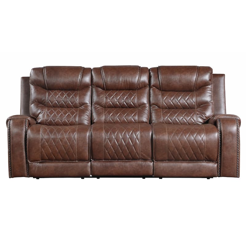 Paul 87 Inch Manual Recliner Sofa, Drop Table Cupholders Brown Faux Leather