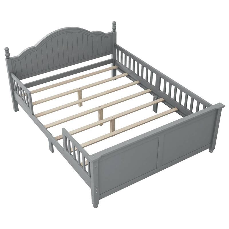 Roomfitters Twin/Full Platform Bed, Slatted Headboard and Removable Guardrails with Wooden Frame for Bedrooms or Guest Rooms