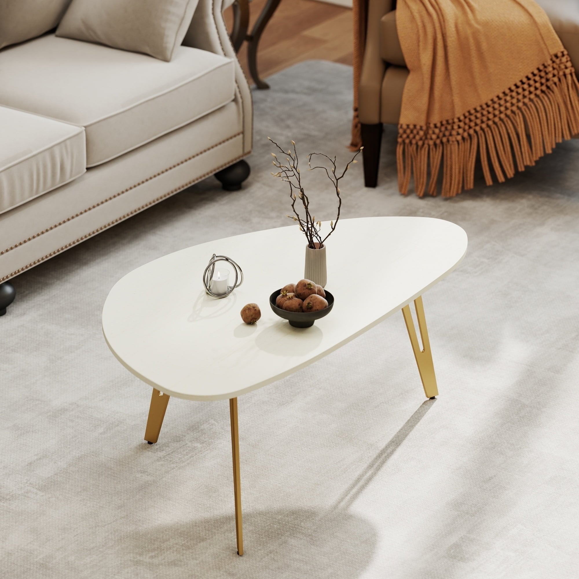 White Oval Coffee Table with Gold Accents, 39.37-inch Modern Design for Small Spaces