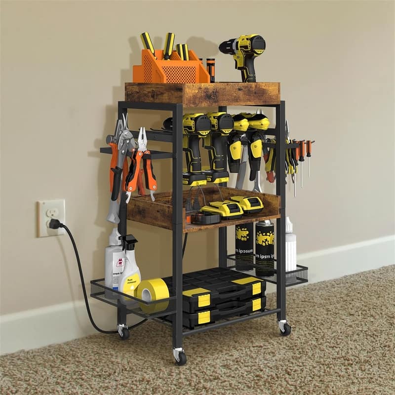Power Tool Organizer Storage Cart with Charging Station and Wheels - 11.8"D x 16.5"W x 33.9"H