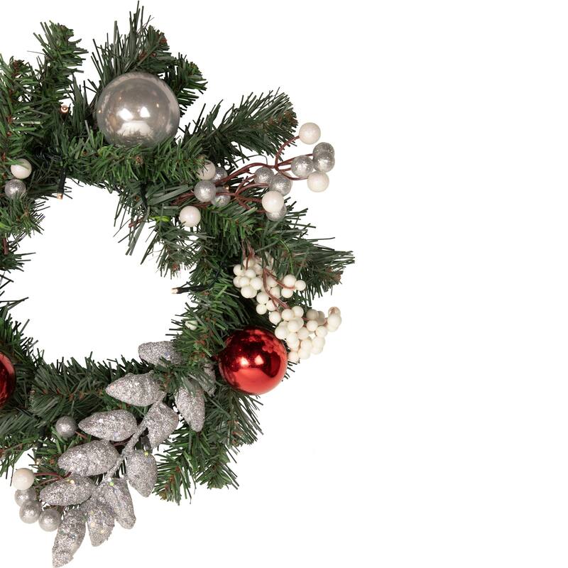 16" Decorated Green Pine Artificial Christmas Wreath, Warm White LED