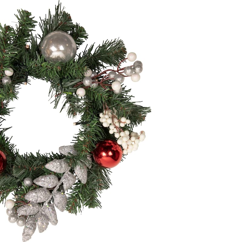 16" Pre-Lit Decorated Green Pine Artificial Christmas Wreath Warm White LED Lights