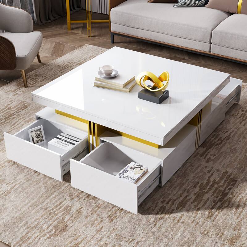 43.3" Modern Glossy Square Storage Coffee Table with 4 Drawers