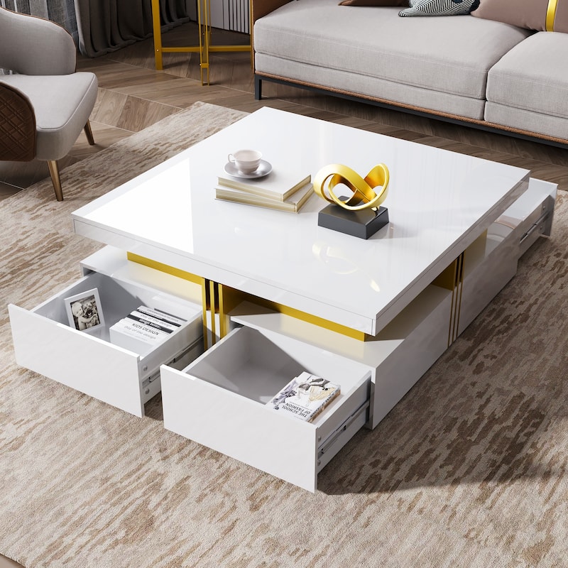 43.3" Modern Square Coffee Table with 4 Hidden Drawers, Glossy Living Room Table with Gold Accents, Space-Saving Storage Table
