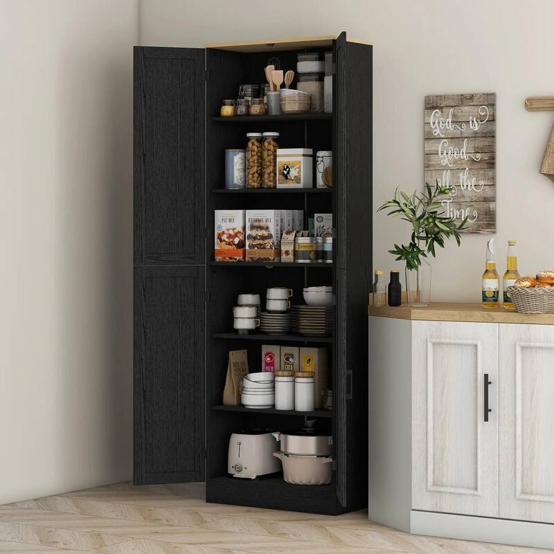 Freestanding Kitchen Pantry, 4-Door, Adjustable Shelves and Doors - White