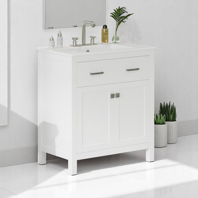 30" Modern Bathroom Vanity with Ceramic Sink, Soft-Close Doors, Flip-Out Drawer & Adjustable U-Shaped Shelf - White