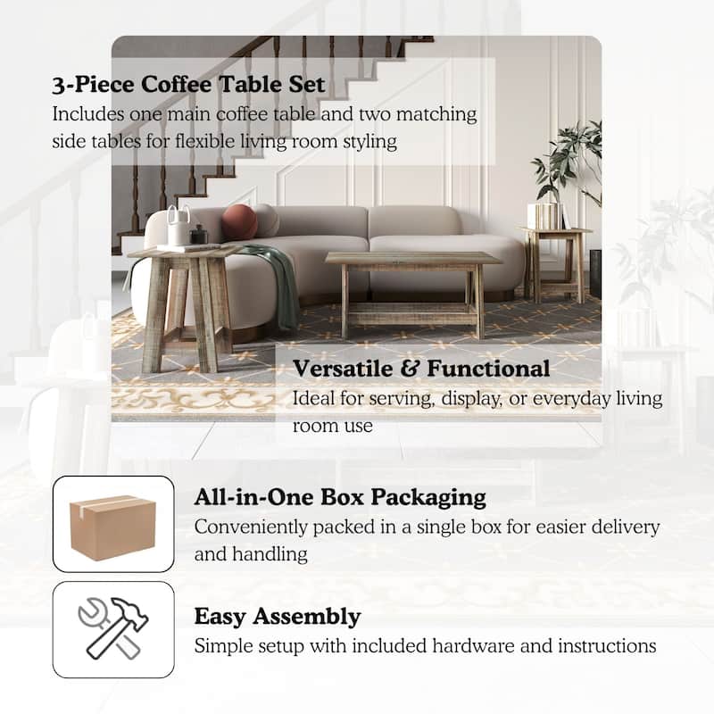 CraftPorch Rustic 2-Pieces End Tables with Coffee Table