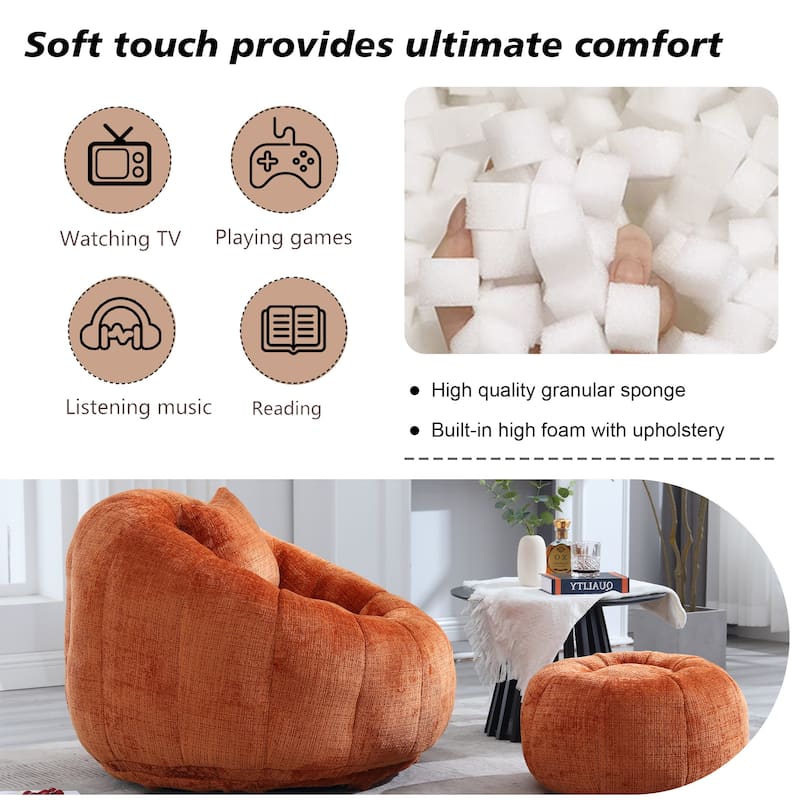 HOMEFUN Chenille Upholstered Round Lazy Cozy Bean Bag Chair with Ottoman and a Pillow