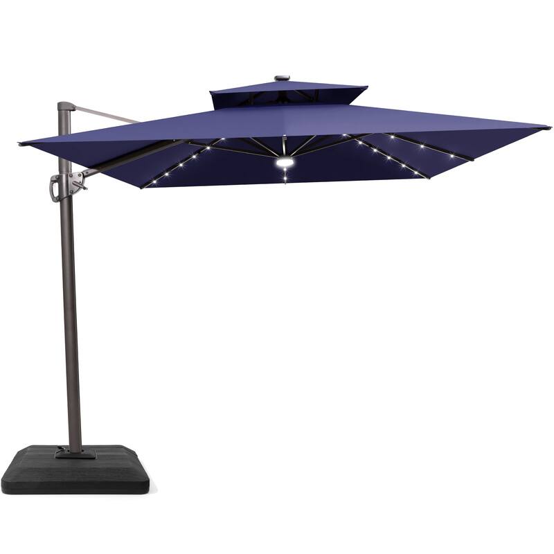 9 x11 FT Cantilever Patio Umbrella with Weighted Base, Double Canopy & LED Lights - Navy Blue with Base