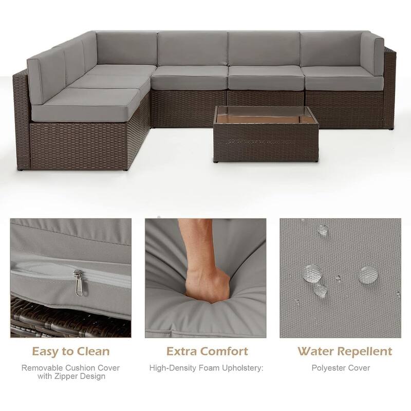 AECOJOY 7 Piece Outdoor Patio Furniture Set, PE Rattan Outdoor Wicker Sectional Furniture Chair Set with Cushions and Tea Table