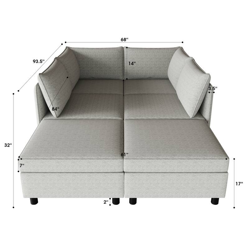 Grey 68'' L-Shaped 6-Seat Modular Sectional Sofa with Storage, Convertible Ottoman, High-Density Foam, and Pocket Springs