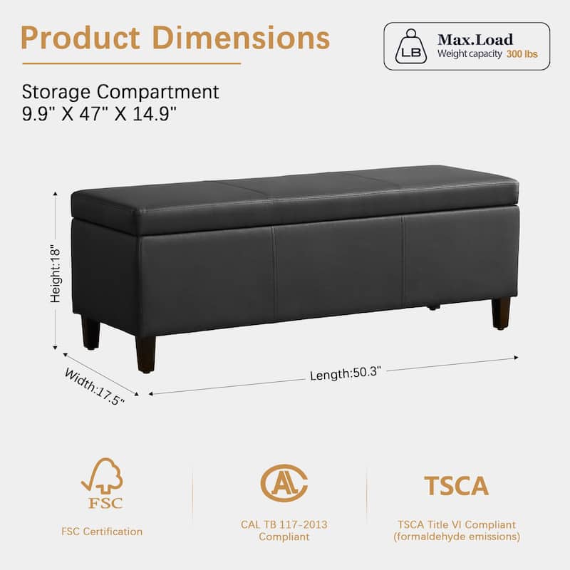 50.3" x 17.50" x 18" Upholstered Rectangular Storage Ottoman-Faux Leather
