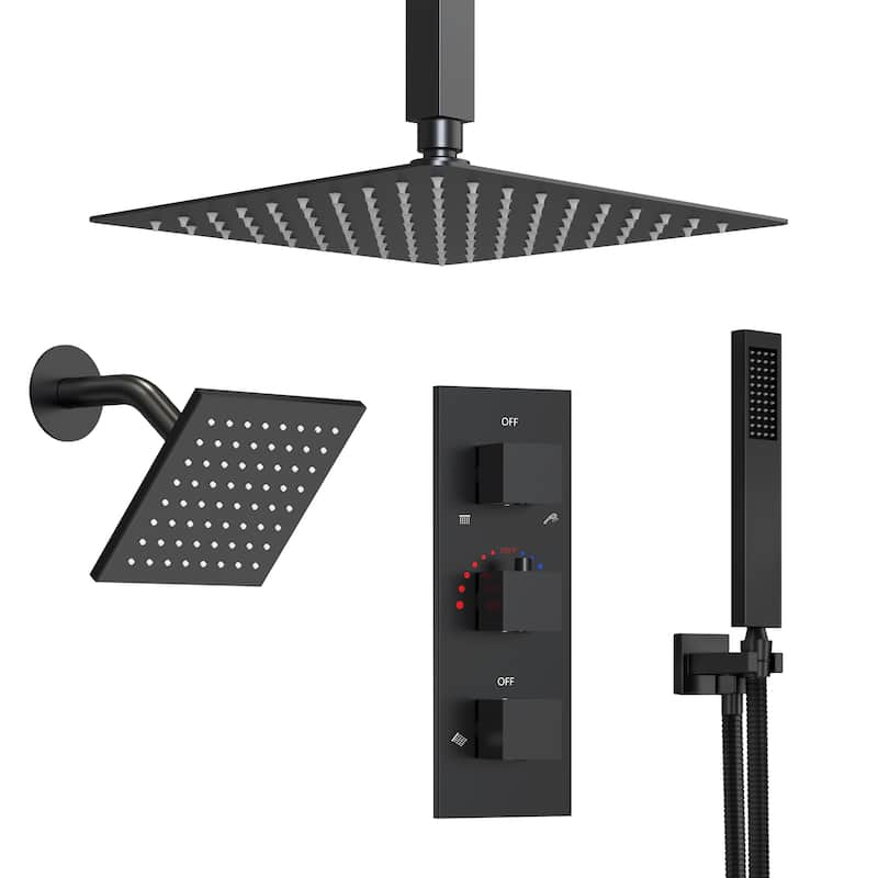GRANDJOY 12" Dual‑Rain Shower System with Handheld, Ceiling and Wall‑Mount Heads, Thermostatic Valve and High‑Flow Design - Matte Black