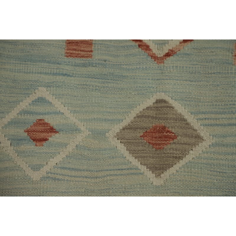 Hand Woven Southwestern Wool Blue Geometric Area Rug - 8' 2'' X 4' 9''
