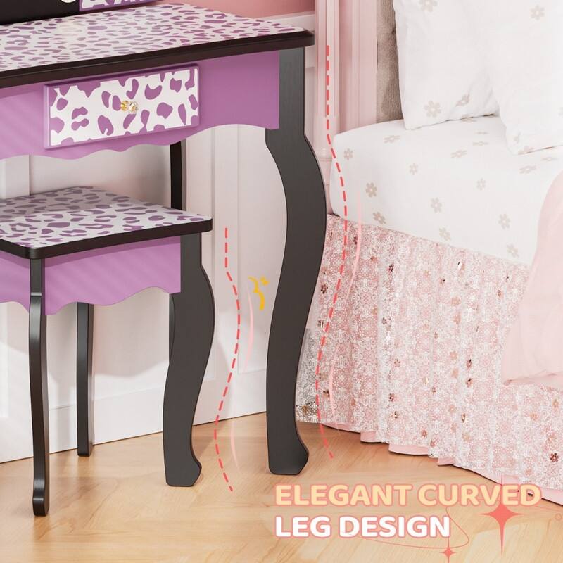 Kids MDF Vanity Table Set In Pink With 1 Drawer With 3-Color Dimmable LED Bulb - N/A