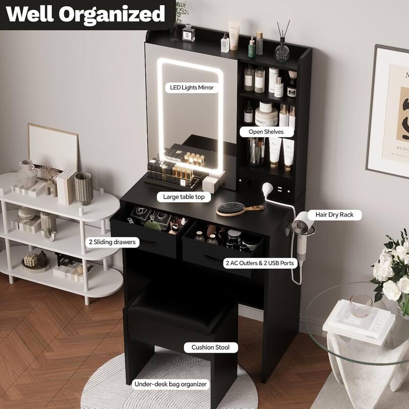 2 Drawer Makeup Vanity Desk Set with Power Outlet, USB Ports, Stool