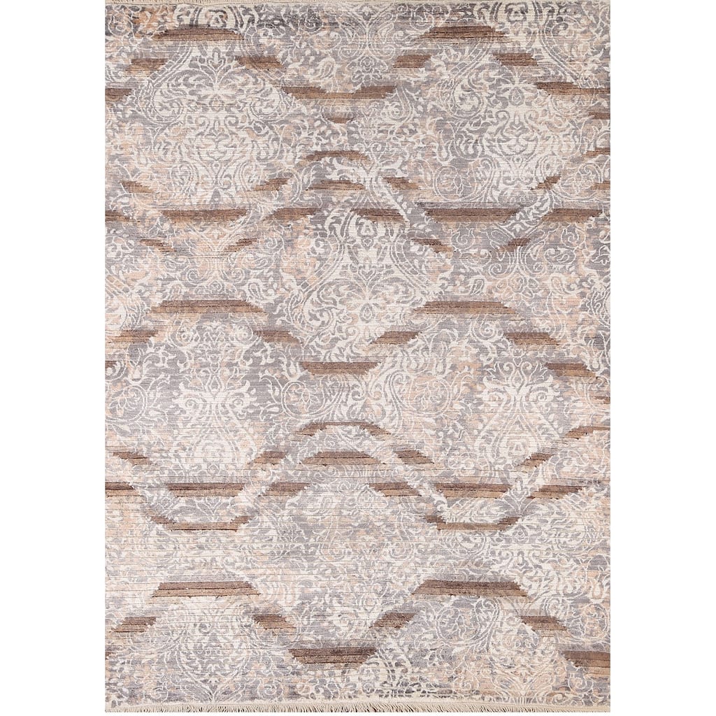 Beige Striped / Abstract Indian Area Rug Handmade Wool Carpet - 3'10"x 6'0"