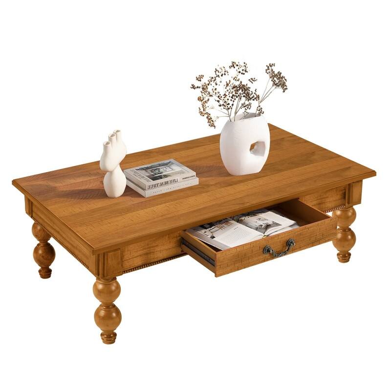 Rectangular 47" Wooden Coffee Table with Storage Drawer, Vintage Cocktail Table with Solid Wood Legs for Living Room Elegance