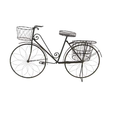 Metal Bike Indoor Outdoor Wire Floral Scrolled Indoor Outdoor Plantstand with Saddle Bag Planters - Brown - Roche River Decor