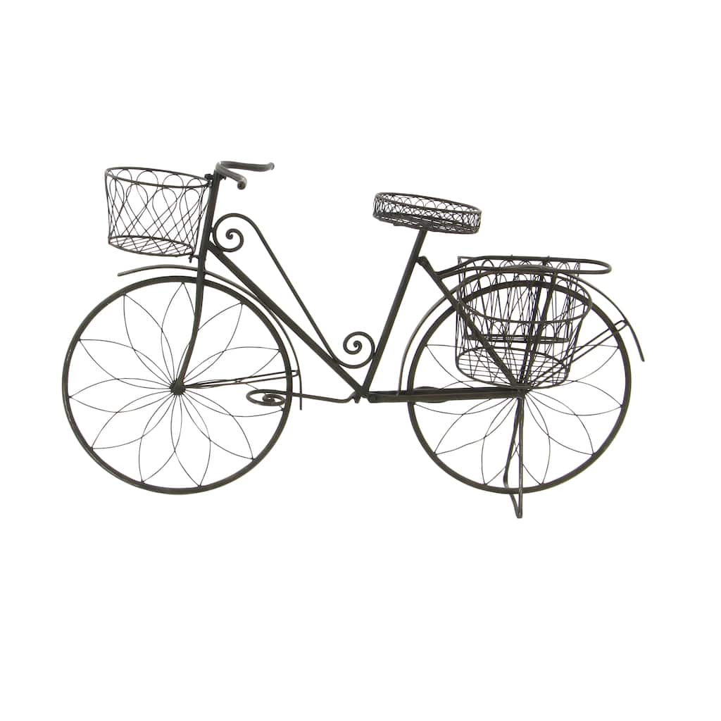Metal Bike Indoor Outdoor Wire Floral Scrolled Indoor Outdoor Plantstand with Saddle Bag Planters - Brown - Roche River Decor