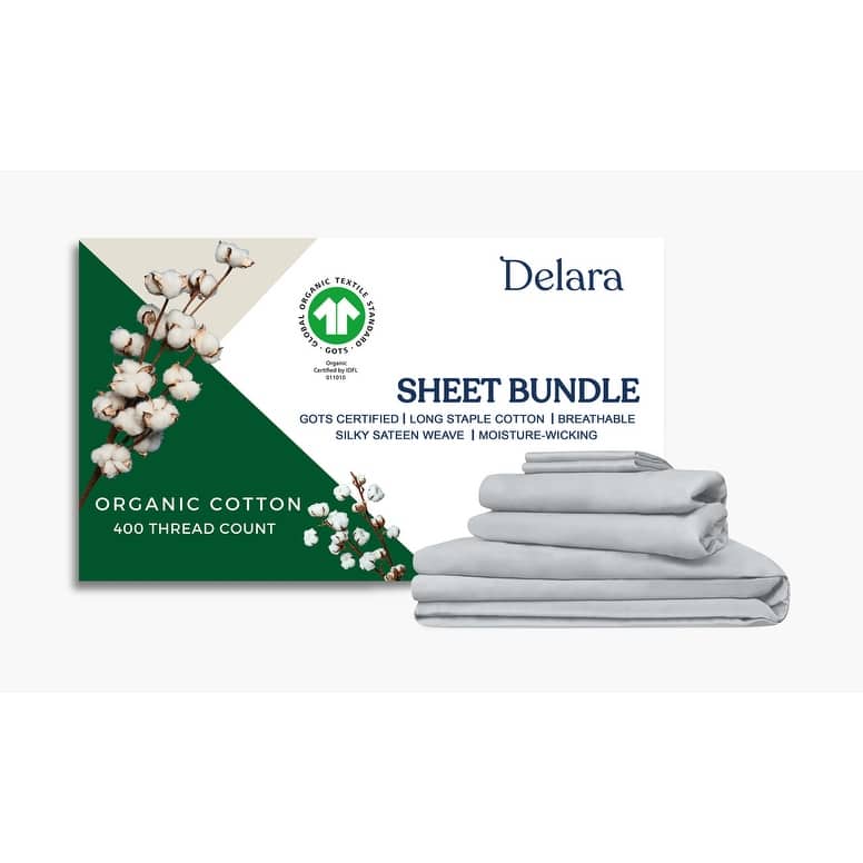 Delara GOTS Certified 100% Organic Cotton Bedding Bundle, Long Staple Cotton, Ultra Soft, Moisture-Wicking, Smooth & Breathable - Light Grey - California King