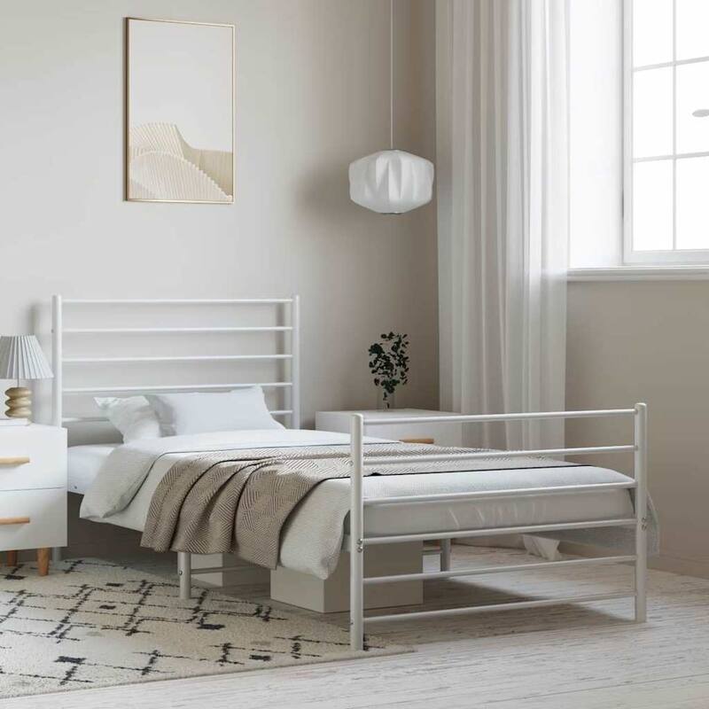 vidaXL Metal Bed Frame with Headboard, No Mattress - White - Twin