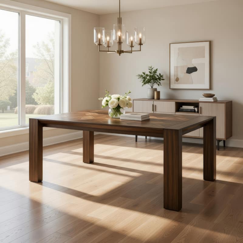 Liyo Dining Table, 71 Inch Rectangular Brown Wood Top, Block Legs