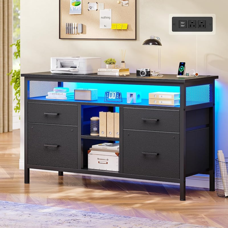 4 Drawer Lateral File Cabinet Open Storage Shelf Fabric Lateral Filing Cabinet - Black