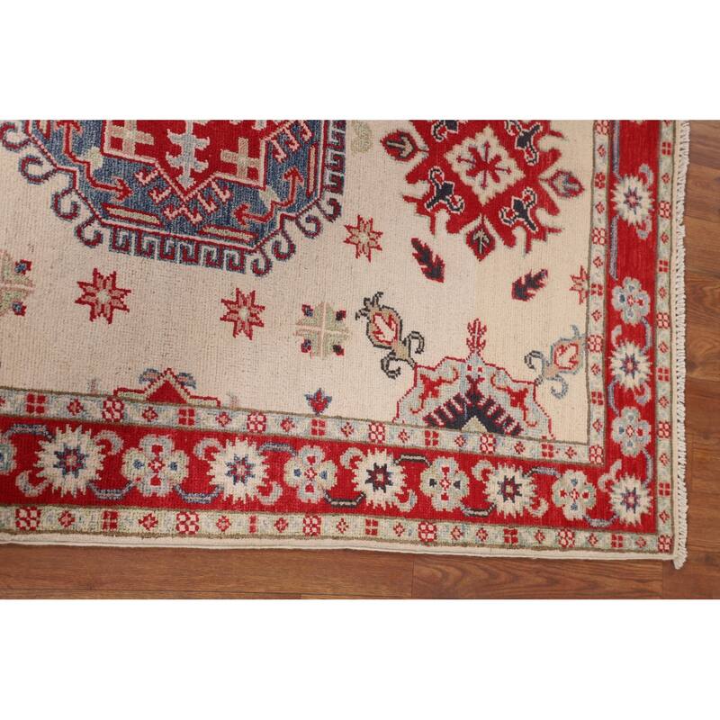 Geometric Beige Kazak Foyer Rug Hand-Knotted Wool Carpet - 3'5" x 5'0"