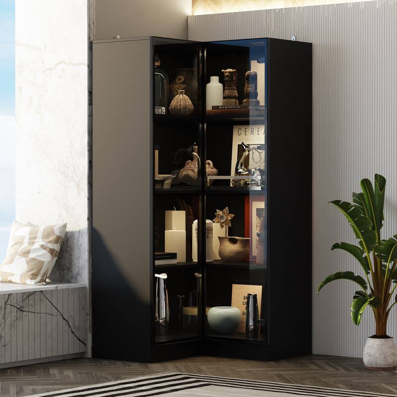 Black Glass Door Corner and Standard Cabinet Set with Lights Strips