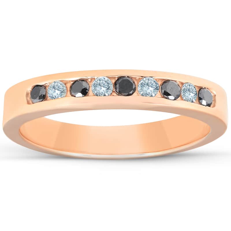 1/4ct Black & White Diamond Ring Rose Gold Womens Wedding Stackable Band
