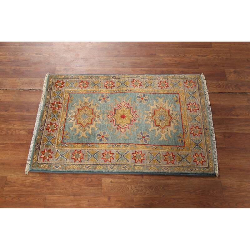 Light Blue Kazak Accent Rug Hand-Knotted Geometric Wool Carpet - 2'1"x 2'10"