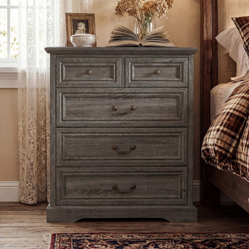 Farmhouse 5-Drawer Chest with Anti-Tip Device, Rustic Wooden Dresser for Bedroom, 36.3" Tall Storage Cabinet