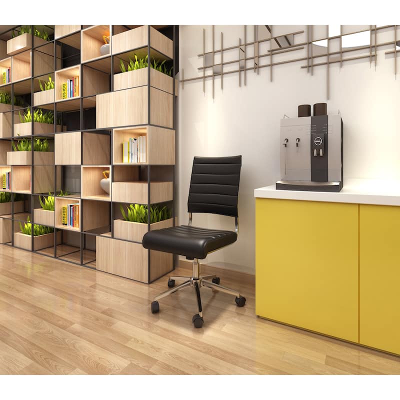 Executive Mid back PU Leather Office Chair Armless Side No Arms Tilt With Wheels and Padded Cushioned Seat on Black Base