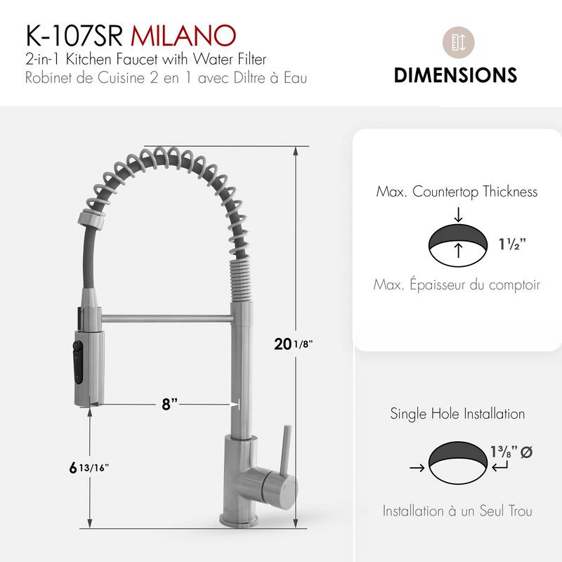 Milano Pull-Down Kitchen Faucet with water filter. Stainless Steel Gold.