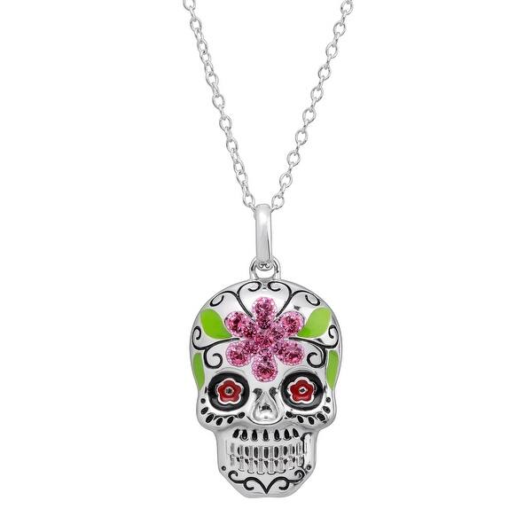 slide 1 of 5, Crystaluxe Flower Sugar Skull Pendant Necklace with Crystals in Sterling Silver, 16 + 2 inches - Pink