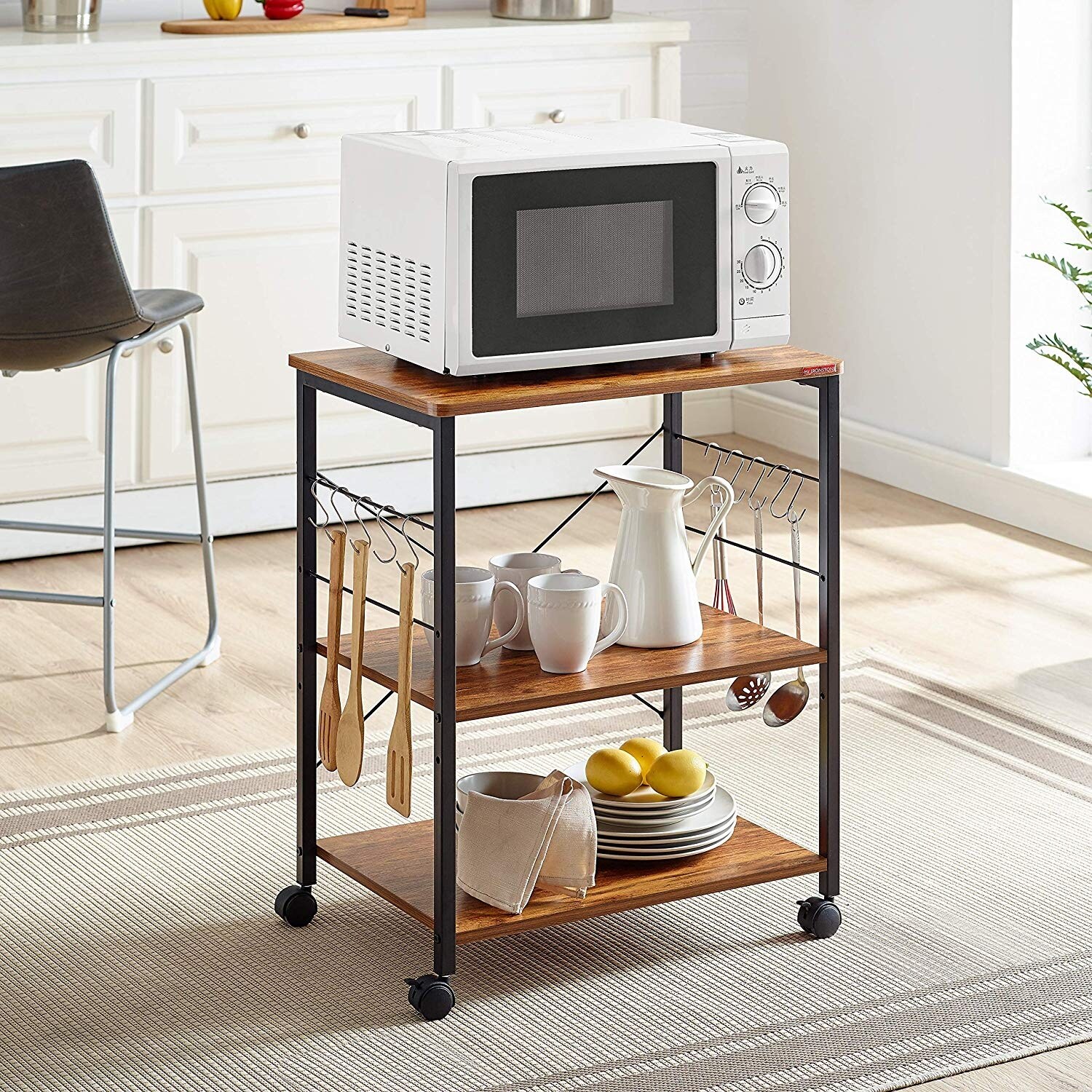 Living Room Kitchen 3-Tier Bakers Rack Movable Microwave Stand W/ 4 Wheels Black 