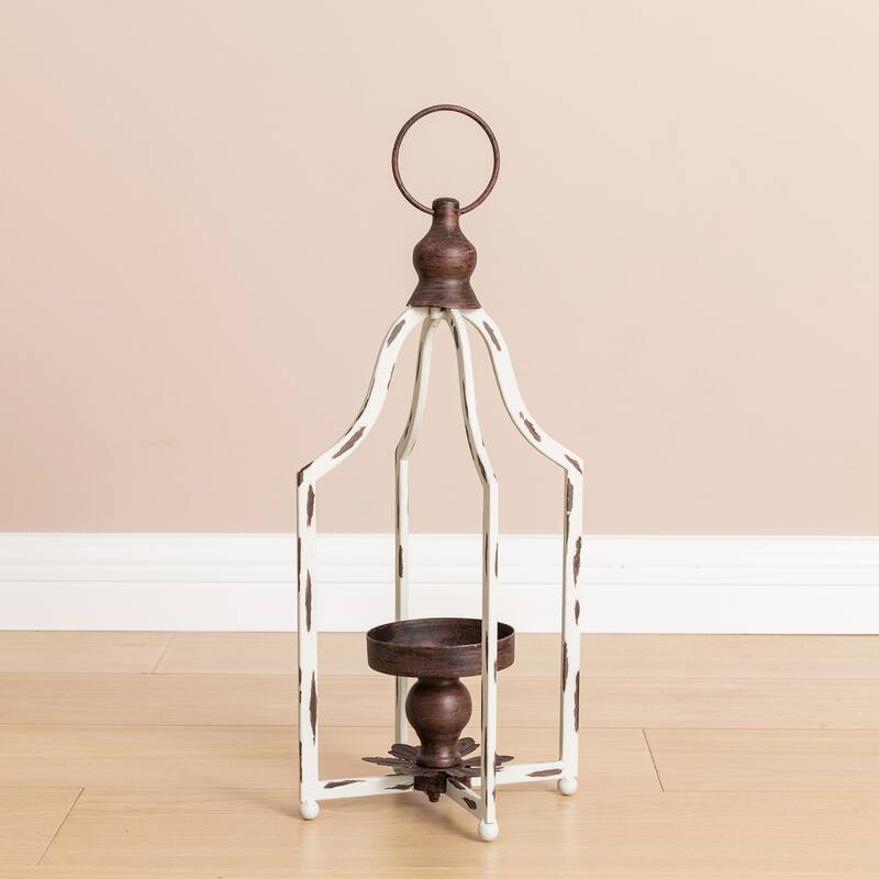 Glitzhome 16.50"H Modern Farmhouse Small Antique White Metal Lantern Candle Holder