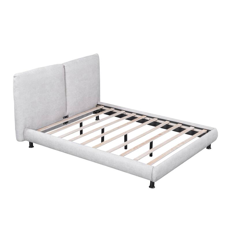 Queen Size Upholstered Platform Bed w/ 2 Large Headrests,Thick Fabric